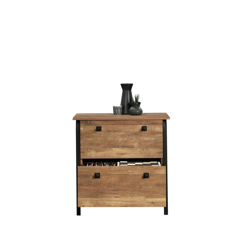 Classeur latéral avec finition, courbes douces au design audacieux, tiroirs pleine extension lisses pour dossiers de format lettre et légal dans un décor de bureau à domicile, cadre en métal à finition texturée brune, verrouillage, espace compact