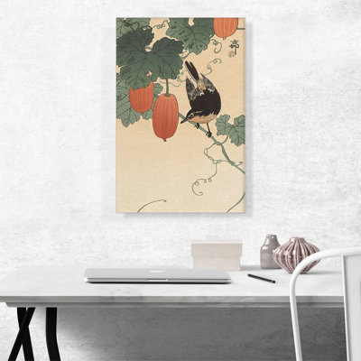 Reproduction sur toile tendue, "A Flycatcher on Cucumber Bush" par Ohara Koson