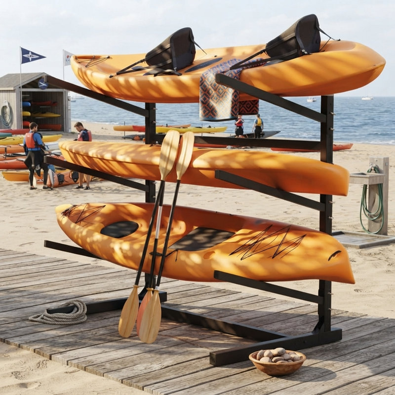 Support autoportant à 3 niveaux pour kayaks et canoës avec accoudoirs réglables, structure en acier résistant aux intempéries, H 41 po, noir