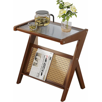 Modern Bamboo Side Table Nightstand With Rattan Grid