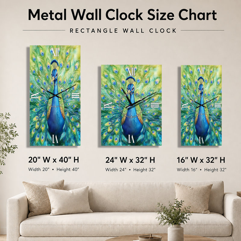 Horloge murale Art déco avec motif de plumes de paon, H 32 po x l 24 po - Rectangle