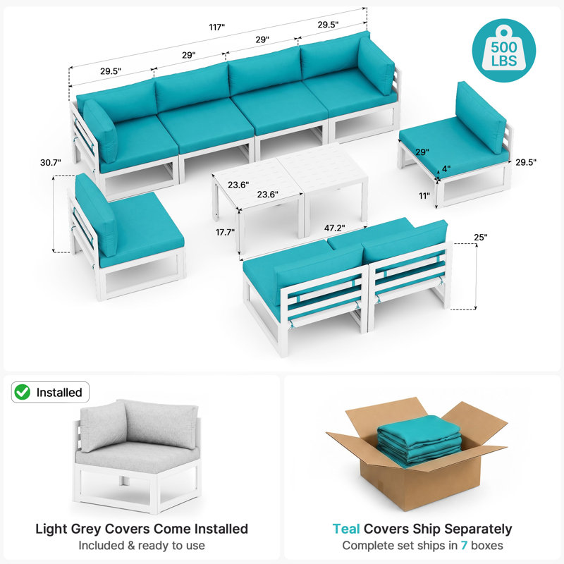 Qui 8 - Person Modern Aluminum Outdoor Sectional Seating Group with Cushions & Coffee Table, Rust-Resistant Patio Conversation Set