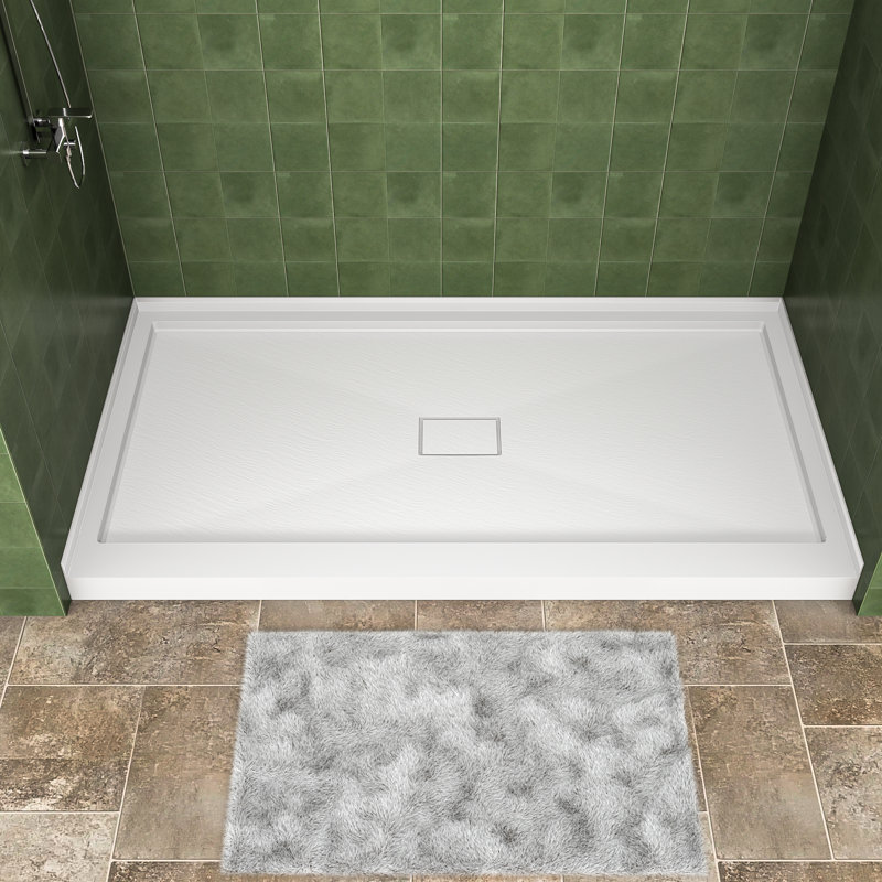 60" W x 30" D Solid Surface Single Threshold Shower Pan Base with Drain Cover Included, Textured Surface Slip-Resistant Shower Base Pan, White, Center Drain