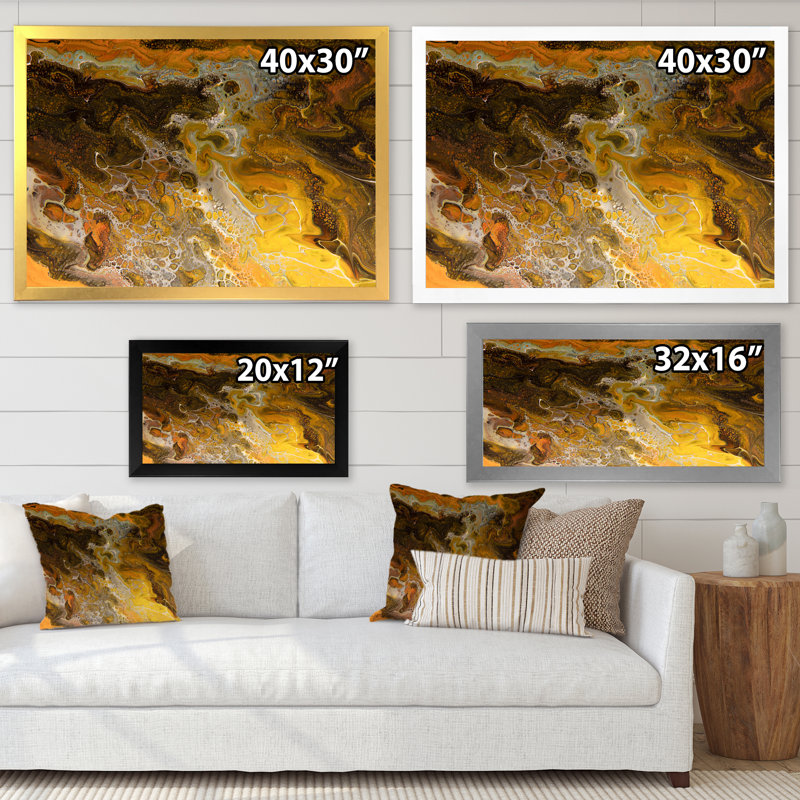 Marbre jaune, noir et orange abstrait - reproduction d'art sur toile moderne, Cadre d'angle fermé noir, H 12 po x l 20 po