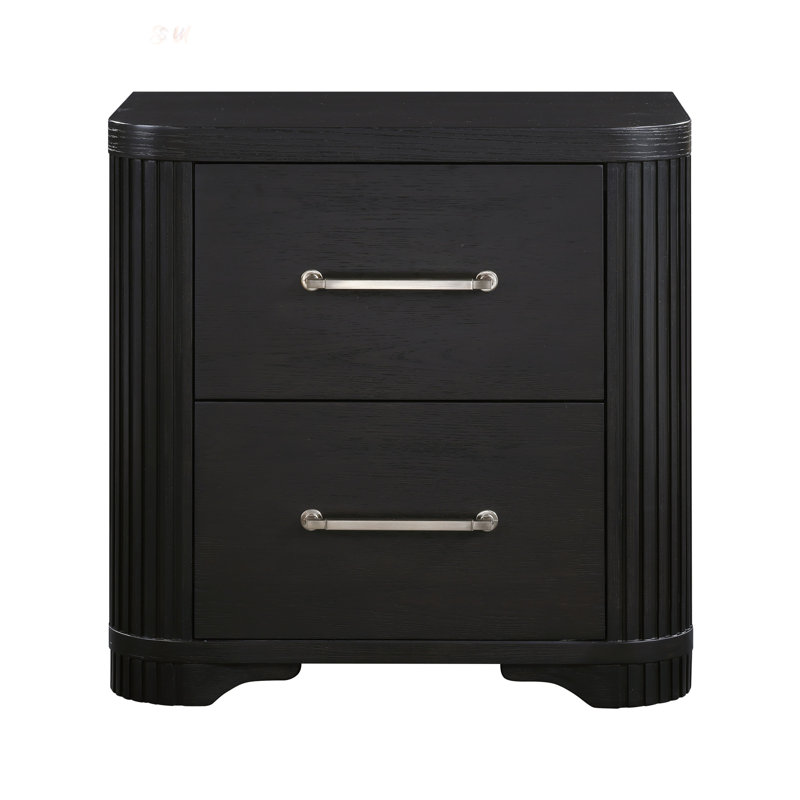 Table de chevet gris anthracite de style moderne avec 2 tiroirs en queue d'aronde, poignées en laiton poli et aucun assemblage requis