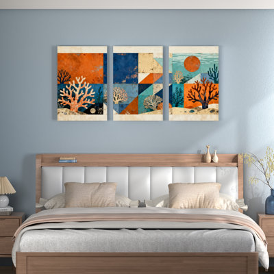 Tableau sur toile à motifs géométriques et récifs coralliens abstraits, style côtier moderne (lot de 3)