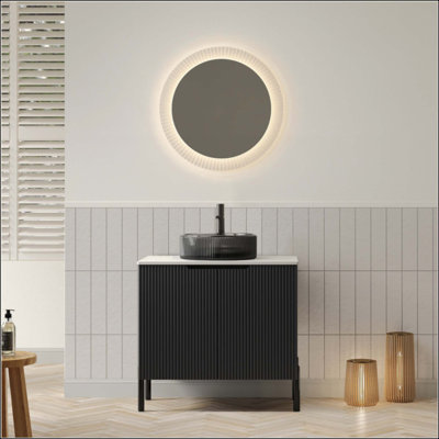 Meuble-lavabo de salle de bain avec lavabo, armoire de rangement autoportante avec 2 portes, lavabo en verre et comptoir en pierre frittée, sans robinet