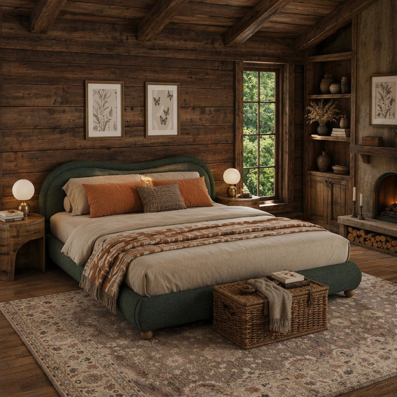 Upholstered Platform Bed Frame with Rounded Corners curved headboard, Wooden Slats, Oak Solid Wood Legs, chenille fabric