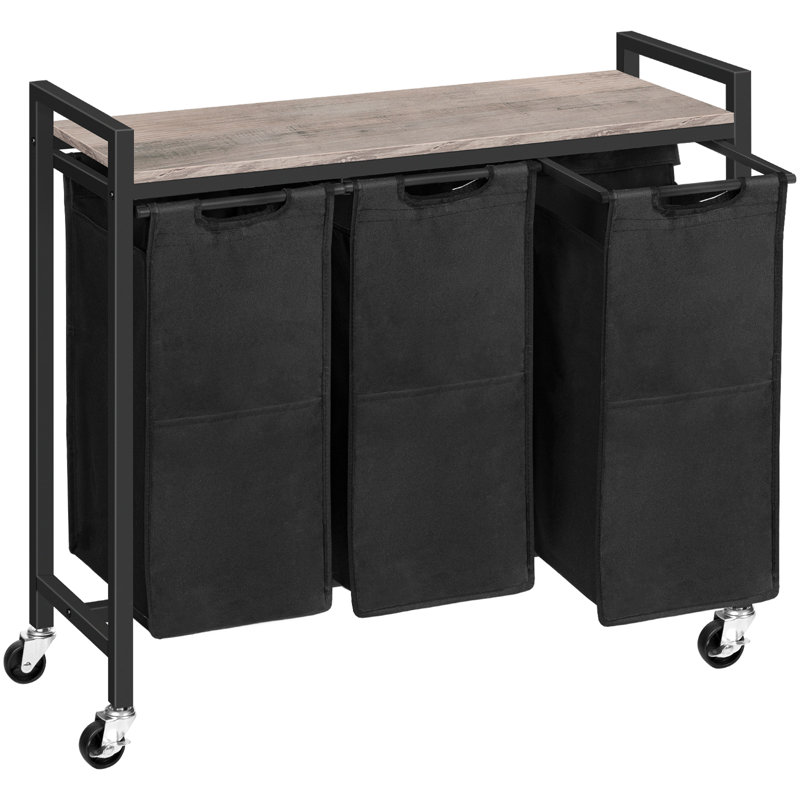 Wood Rolling Laundry Basket with Handles, Black/Grey