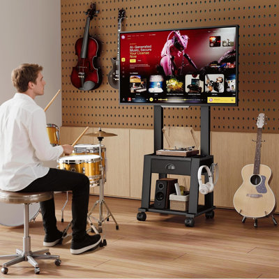 Meuble télé à roulettes avec rangement pour téléviseurs de 23 à 60 pouces (jusqu'à 40 kg), chariot télé mobile inclinable et réglable en hauteur avec tiroir et 2 étagères, conception d'angle peu encombrante pour chambre ou salon, VESA 400 x 400 mm
