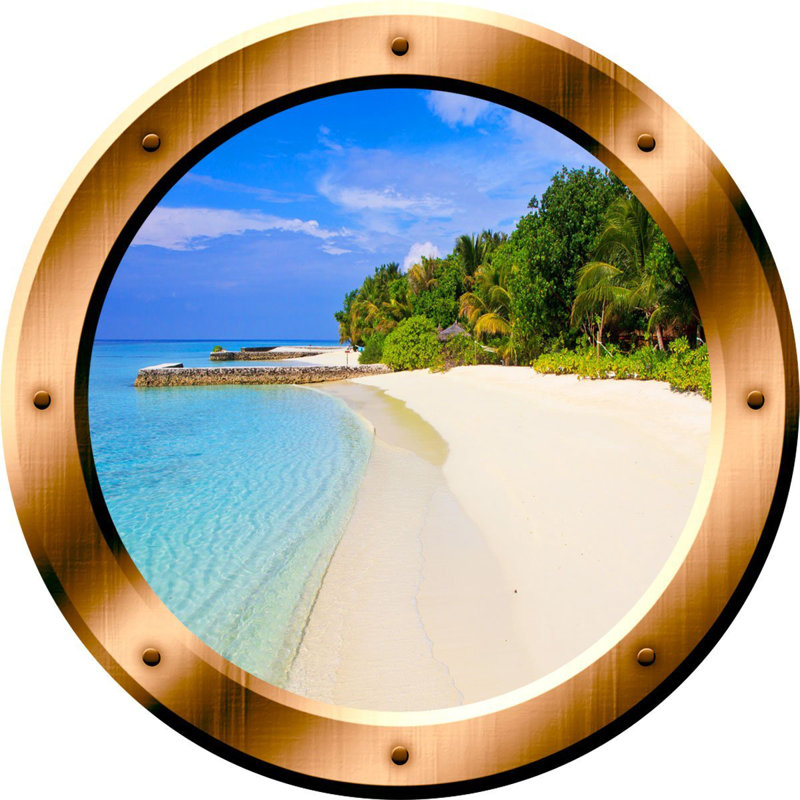 Adhésif décoratif plage tropicale hublot 3D, H 24 po x l 24 po x P 0,01 po, Beige / bleu / vert