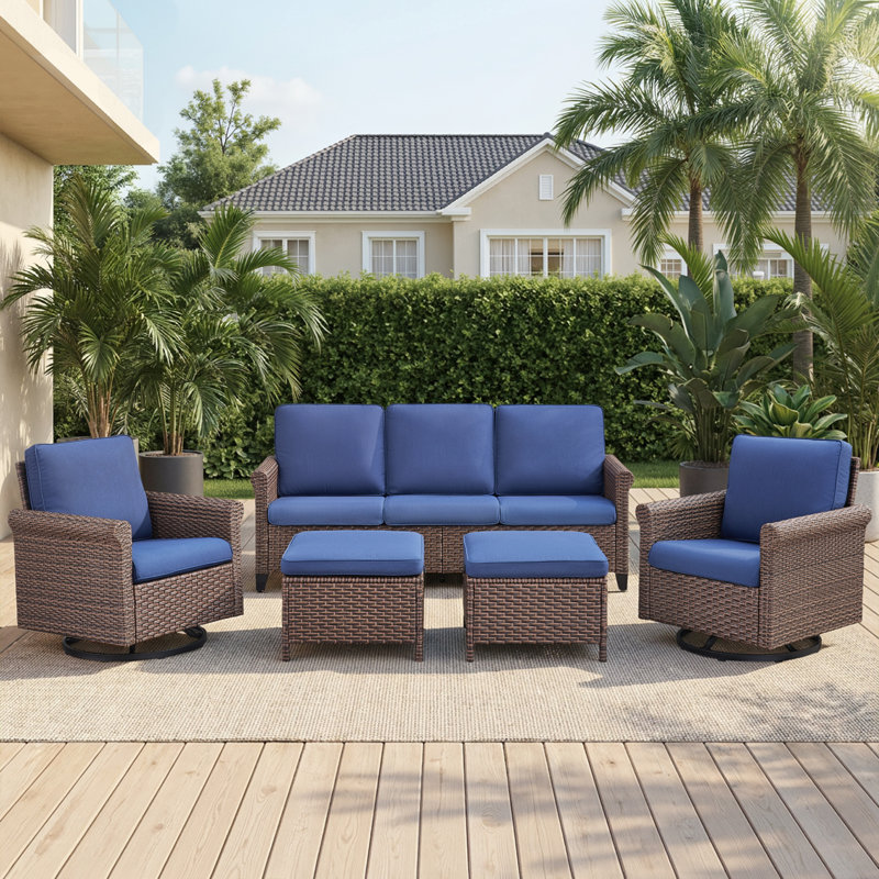Ensemble de conversation pour canapé d'extérieur en osier 5 pièces avec chaises pivotantes et repose-pieds, Bleu