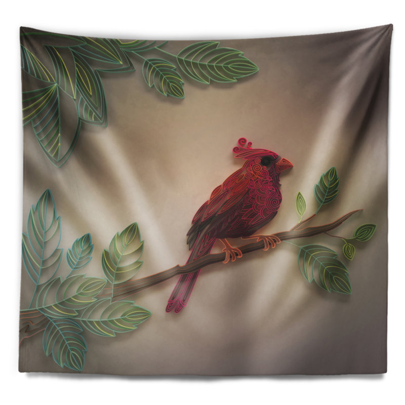 Tapisserie en papier rouge floral en fleur d’oiseau cardinal, H 32 po x l 39 po