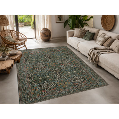 Dark Green Patterned Washable Decorative Carpet