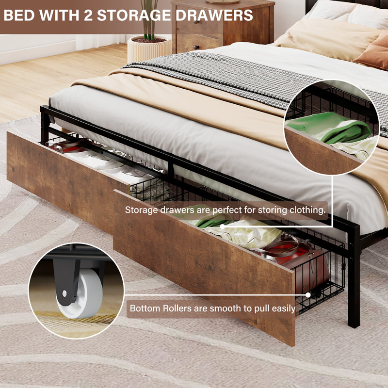 Full Metal Bed Frame with Storage Drawers and LED Headboard