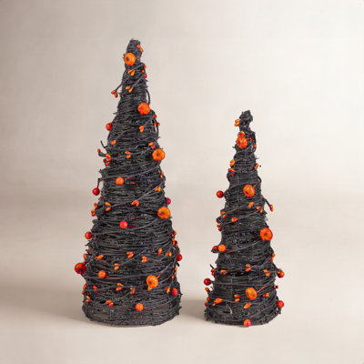 Set of 2 Halloween Eucalyptus With Bats Pumpkin Cone Tree