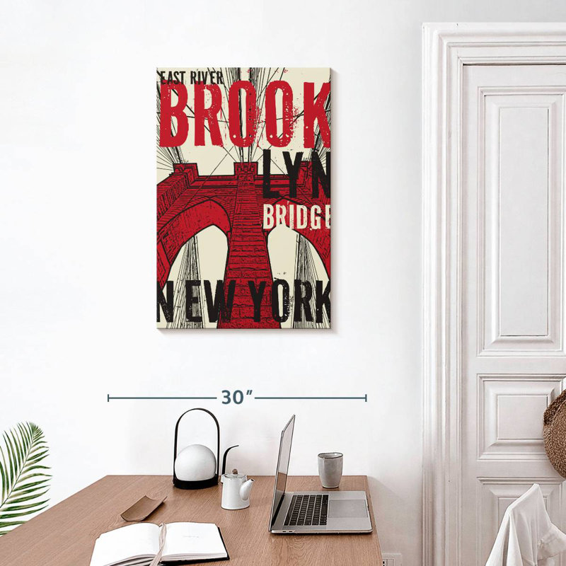 Aime Red Grunge Brooklyn Bridge, 30" H x 20" W