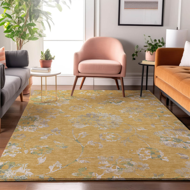 Premium Machine Washable Prisco Gold Rug, Rectangle 2'6" x 3'10"
