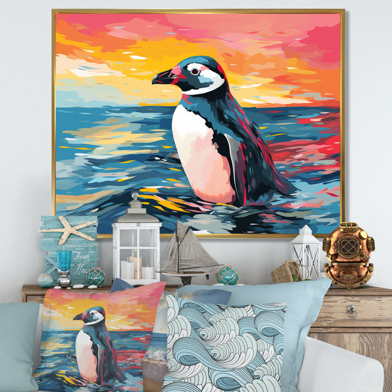Charme de parade de pingouins Pop Art II - art mural pingouin, H 30 po x l 40 po x P 1,5 po, Cadre flottant doré