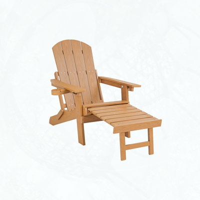 Outdoor Teak Wood Color Adjustable Lounge Chair with Hidden Ottoman and Cup Holder, HIPS Frame