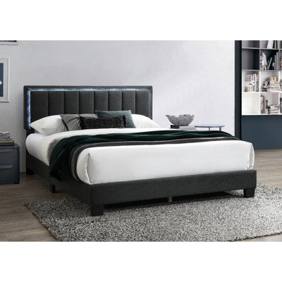 Grand lit moderne, tissu en laine gris anthracite, sans sommier, tête de lit capitonnée avec cadre de lit à DEL, laine, style contemporain