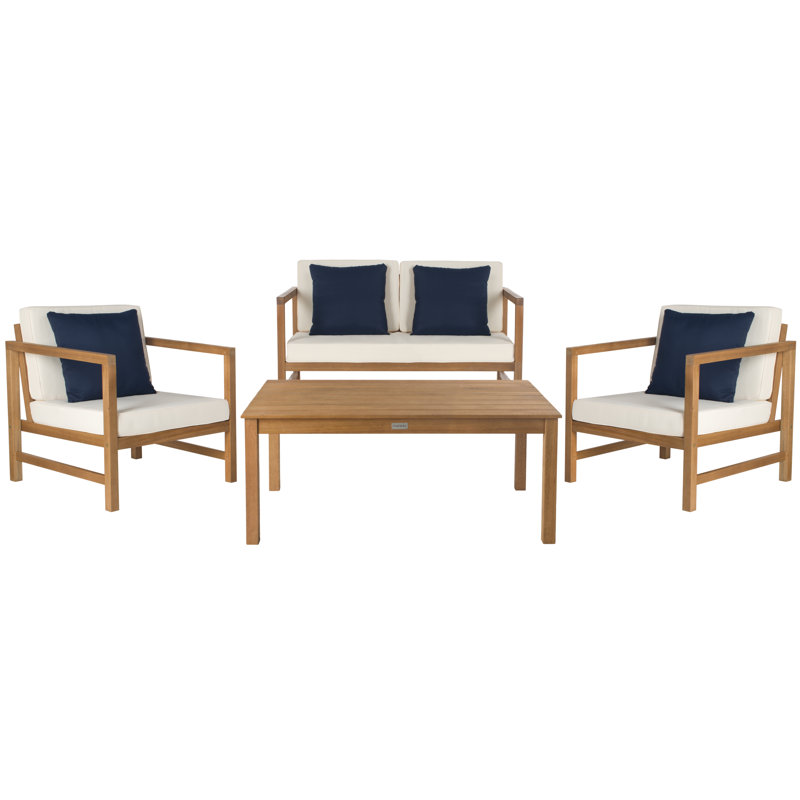 Nidhi Eucalyptus 4 - Person Patio Conversation Set with Cushions, Natural Frame/Beige Cushion