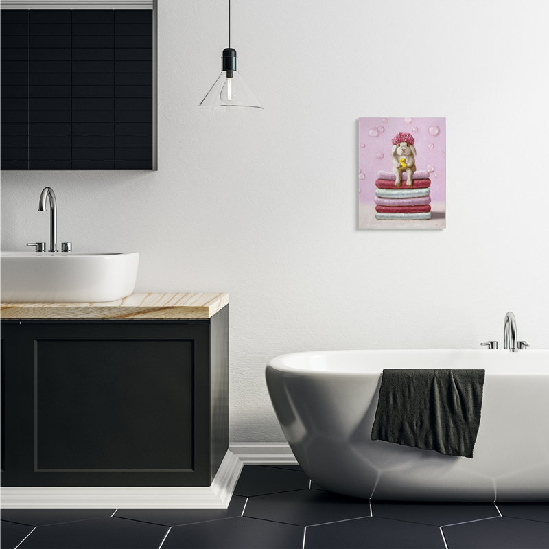 Joli bébé lapin sur les serviettes de bain, bulles de savon par Lucia Heffernan - impression, H 20 po x l 16 po, Toile tendue