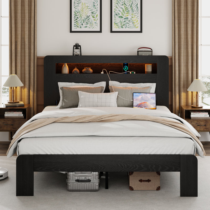 Wooden Bed Frame With Storage Headboard, Black, Full
