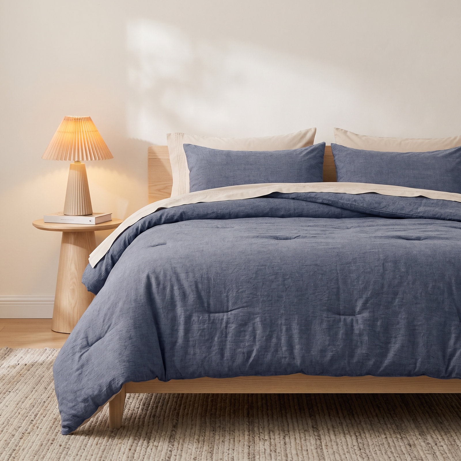 Pre-Washed Cotton Comforter Set, Queen Comforter + 2 Additional Pieces, Denim Blue