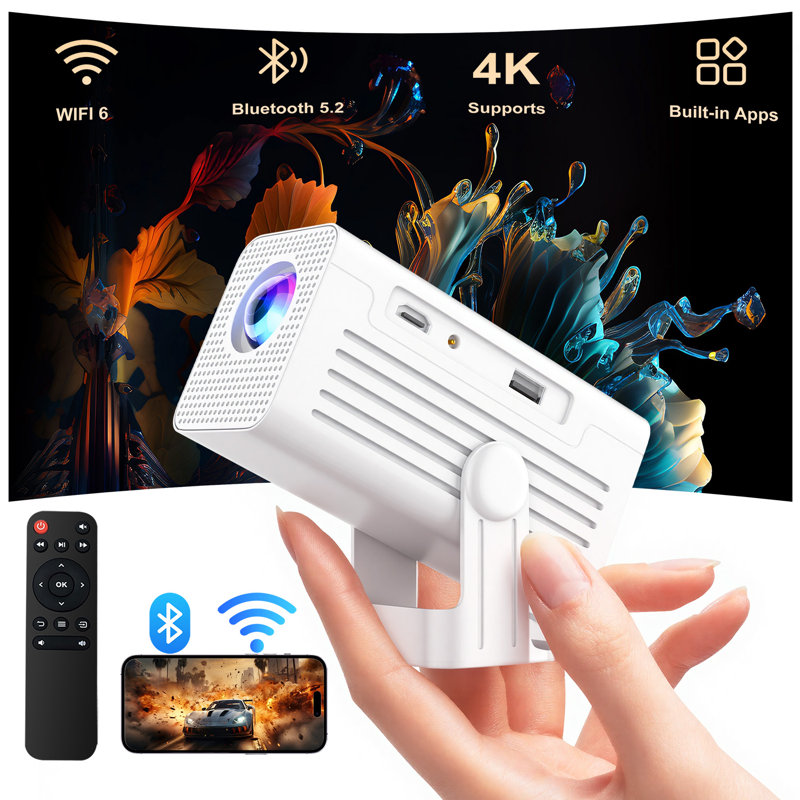 Projecteur portable intelligent 1 080P, Android TV, WiFi 6 et Bluetooth 5,0, 260 lumens, projecteur de cinéma maison pour téléphones / clé télé / PS5 / ordinateur portable / USB, télécommande incluse