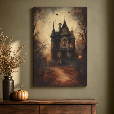 Misty Gothic Mansion with Flying Bats Oil Painting Print Wrapped Canvas Wall Art, 24 x 36 Inches, Ready to Hang
