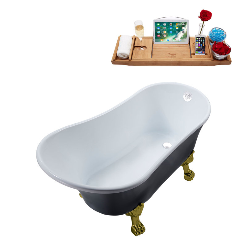 55" Streamline Clawfoot Soaking Acrylic Bathtub With Drain, Clawfeet, and Bamboo Tray, Glossy White, Brushed Gold