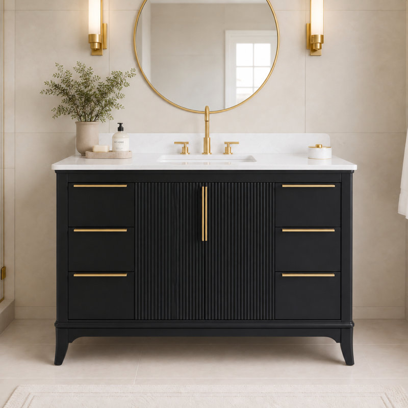 Meuble-lavabo simple lavabo de 122 cm avec comptoir en pierre reconstituée, Noir, 48"
