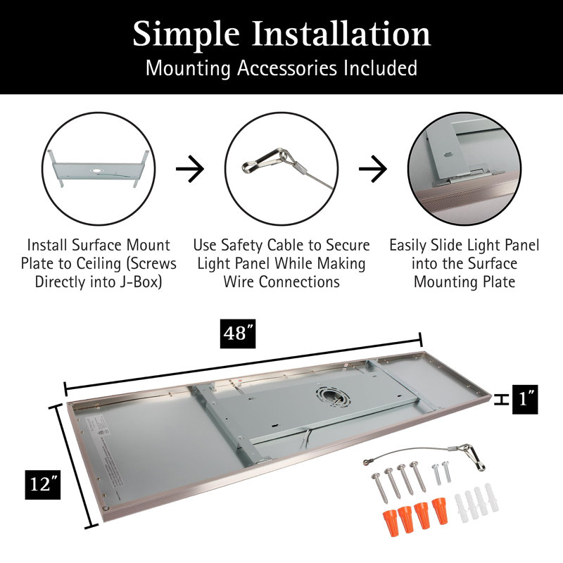 Surface Mount Ceiling Light Panel – Slim, Edge Lit, Flush Mount Flat Panel, 48" W x 12" D, Brushed Nickel