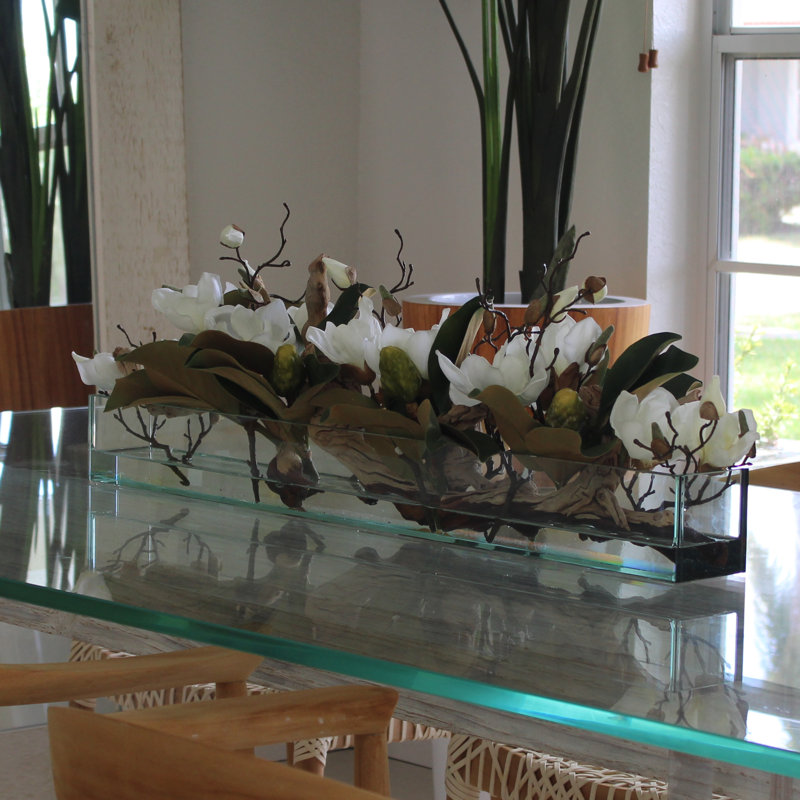 Glass Plate Magnolia Floral Arrangement And Centerpiece In Planter, 8" H x 36" W x 4" D, White