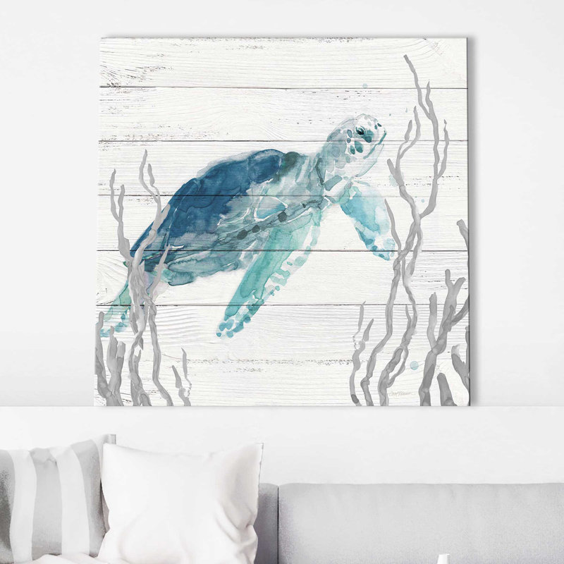«Aqua Turtle I» par Carol Robinson - Peinture, L 18 po x H 18 po, Toile tendue