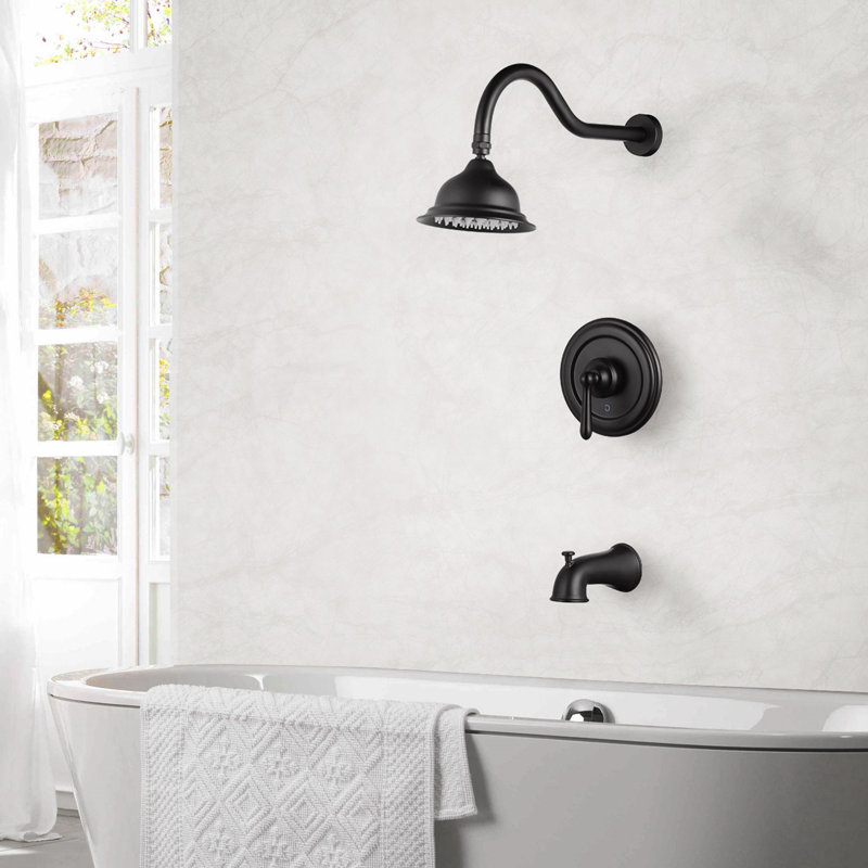 Pressure Balance Shower System 1.8 GPM Shower Faucet With Tub Spout And Brass Rough-In Valve, Matte Black