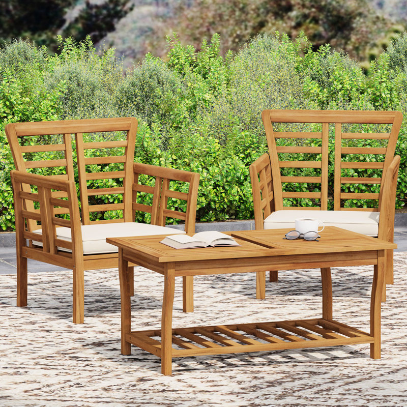 Wood 2 Club Chairs + Table With Slat Panels, To Outdoor Weather Elements Resistance, Panels In Elegant Brown