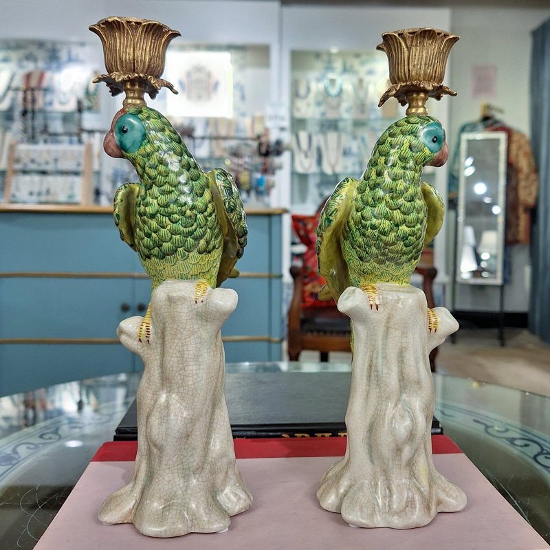 Porcelain Green Parrot Candleholder Pair with Bronze Ormolu