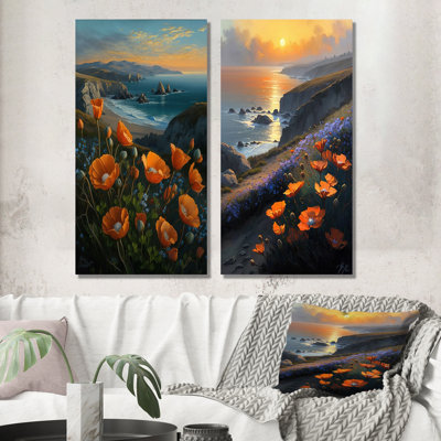 «Orange Flowers By The Coast», 2 pièces sur toile
