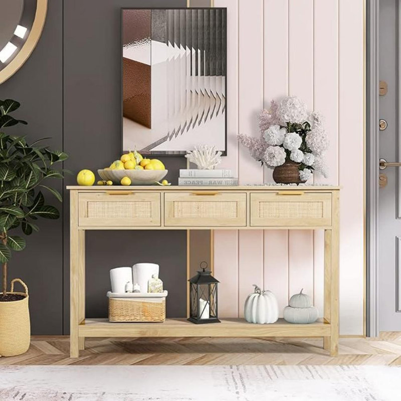 51" Rattan Console Table With 3 Drawers, Natural Wood