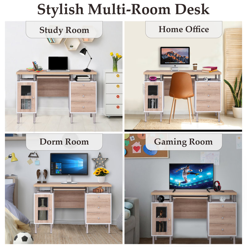 Armany Home Office Executive Writing Desk with Storage Cabinet, 3 Spacious Drawers, Keyboard Tray & Power Charging Station – Sturdy Wood Computer Desk for Study, Work & Home Workspace Organization