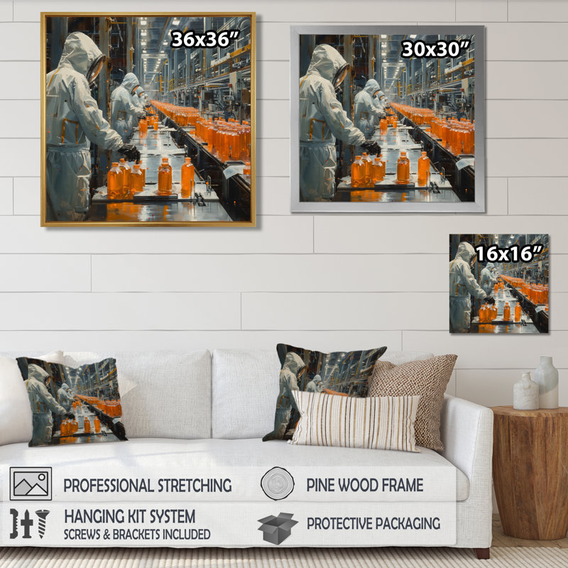 Chaîne de montage orange blanc Ii Factories - usines de décoration murale, Toile tendue, H 16 po x l 16 po x P 1 po