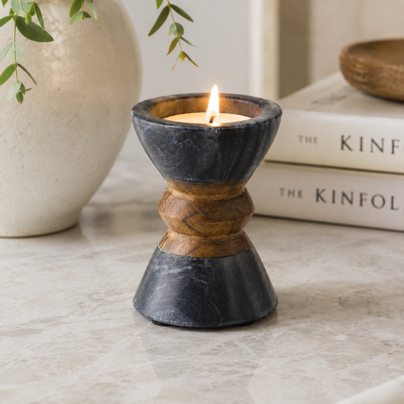 Handmade Black Marble & Acacia Wood Candleholder