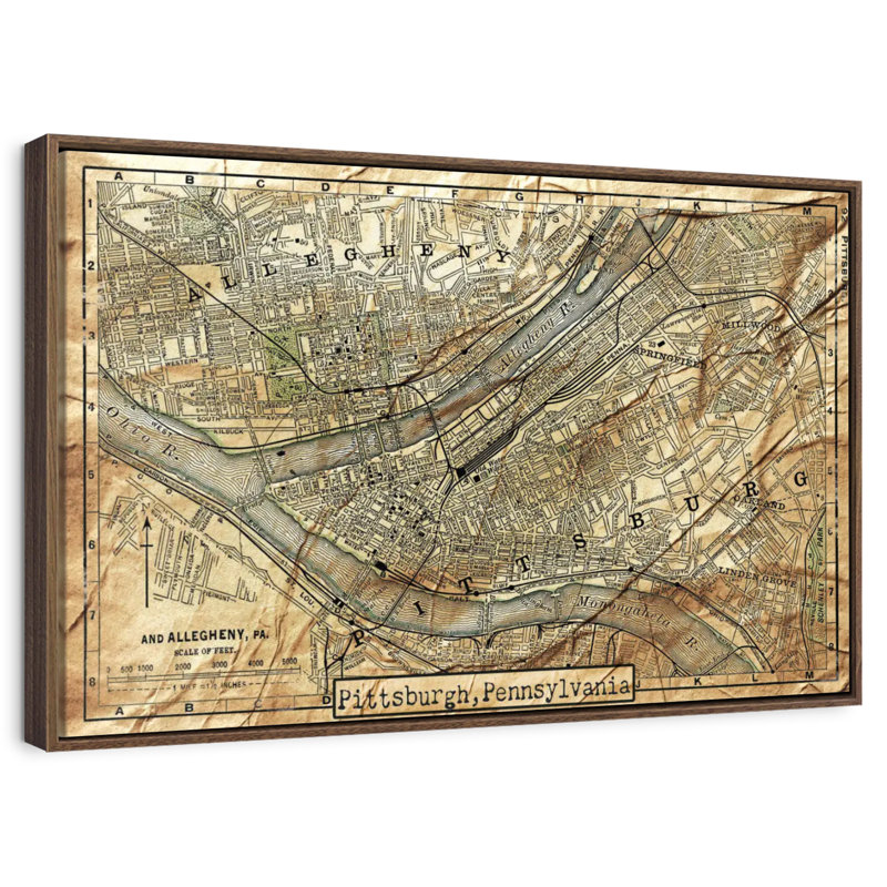 Carte rétro de la ville de Pittsburgh, Cadre flottant en noyer, 31 po x 21 po