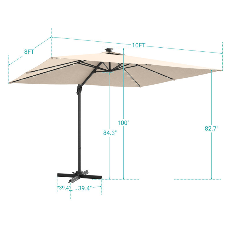 Parasol en porte-à-faux 10 x 8 pi avec lumières, tissu teint dans la masse, abat-jour luxueux avec rotation à 360 °, Sable