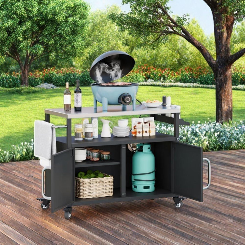Îlot de cuisine extérieur avec plateau en acier inoxydable