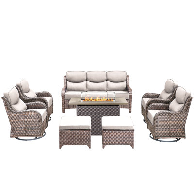 Ensemble de meubles de patio 8 pièces, canapé d'extérieur en osier avec chaises pivotantes, table de foyer de 41 po, ensemble de conversation moderne à haut dossier toutes saisons, rotin gris