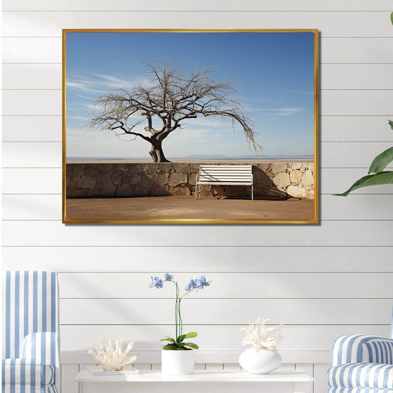 Mimalisme, banc sous un arbre, paysage sur toile, Cadre flottant doré, H 24 po x l 32 po