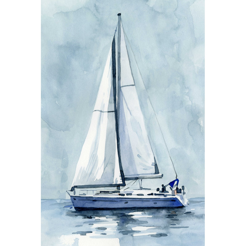 " Lone Sailboat I ", 12" H x 8" W x 1.25" D, Silver Framed Print, White
